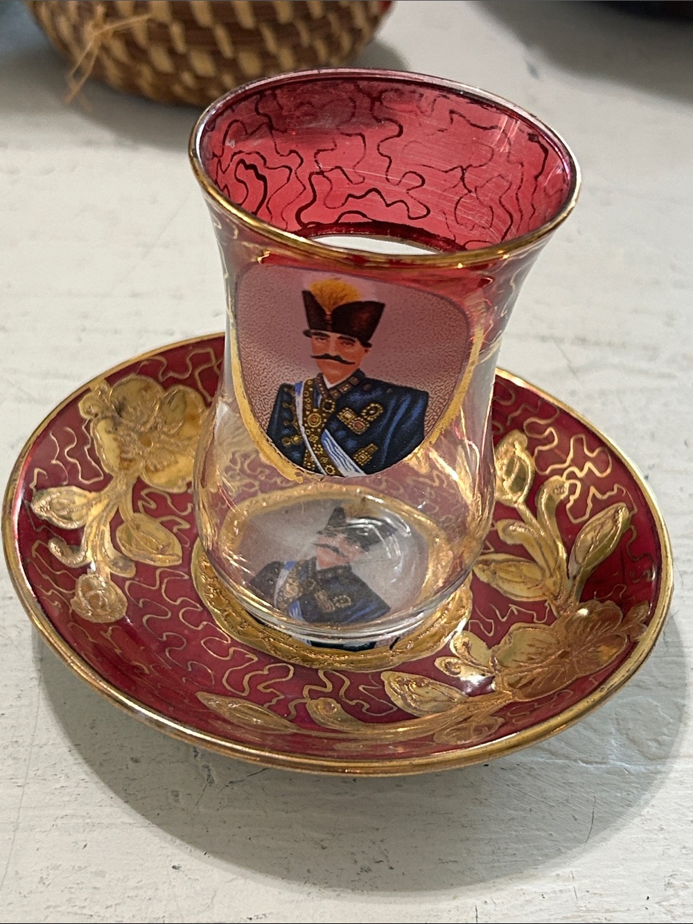 Vintage Red & Gold Turkish Coffee Glass with Saucer
